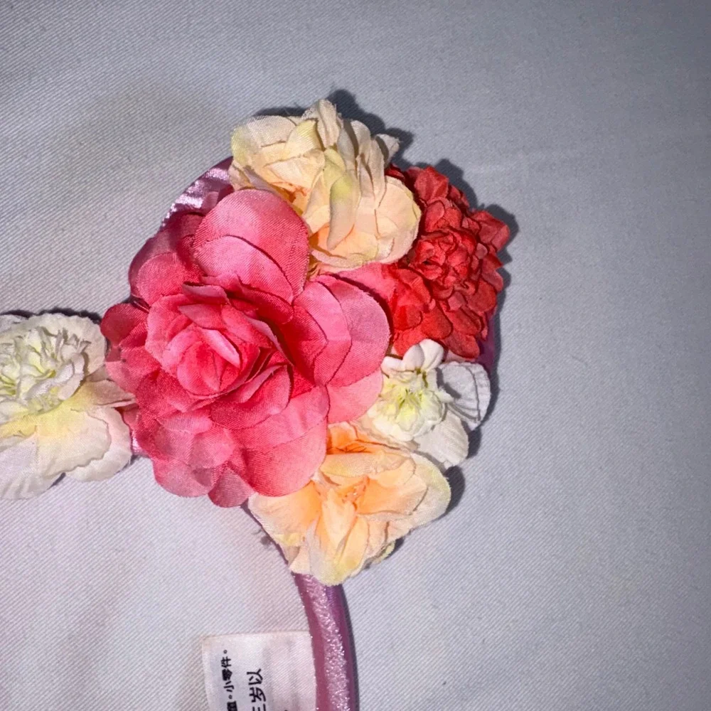 Disney Parks Minnie Mouse Floral Ears Headband OS Pink Excellent Satin Flower